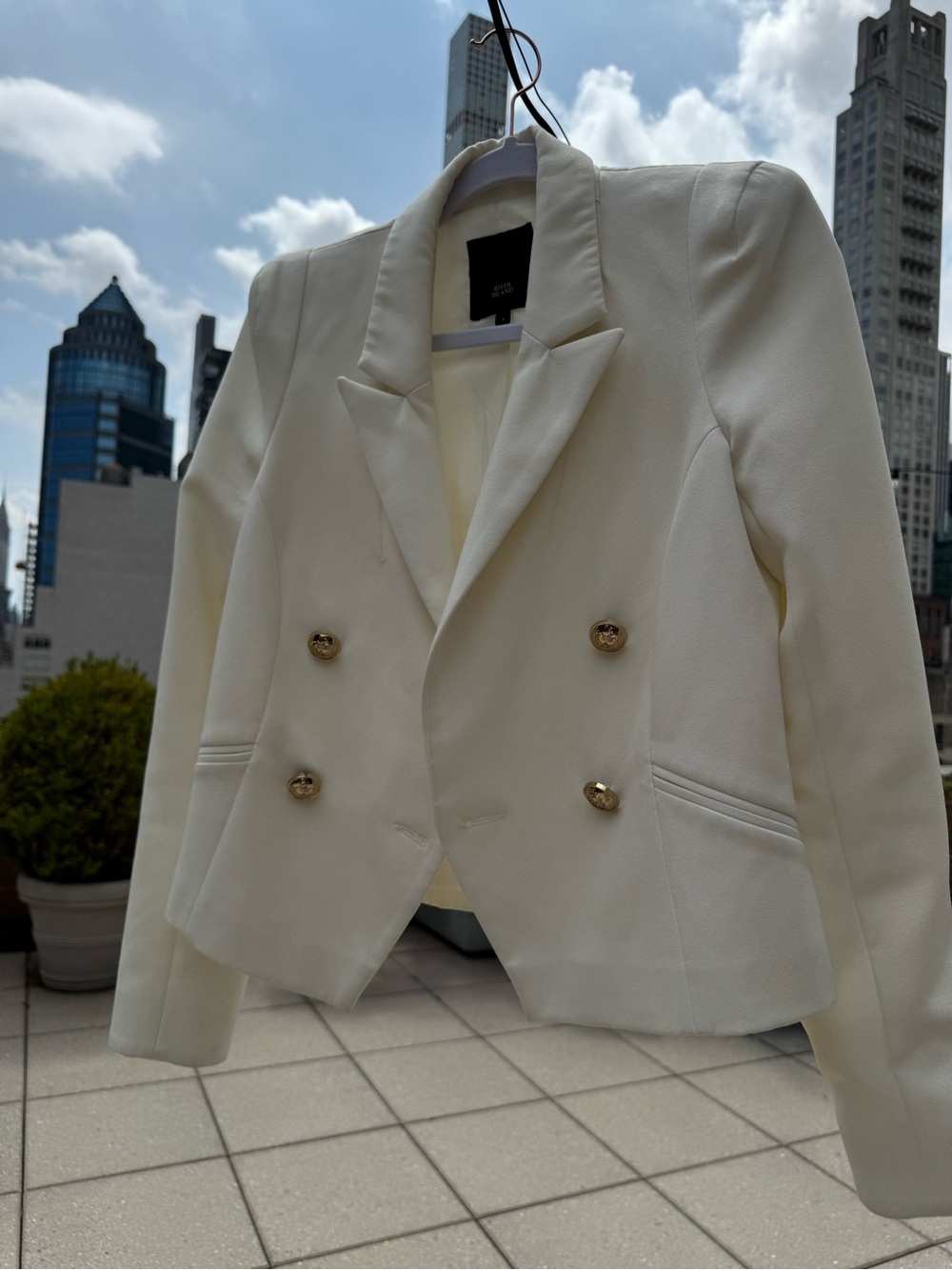 River Island Cream Cropped Double-Breasted Blazer with Gold Buttons